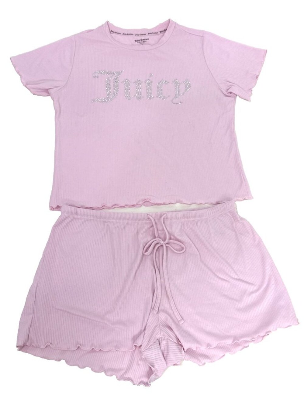 Juicy Couture Pink Ribbed Sleepwear Set Rhinestone Logo PJ Set Loungewear Size L